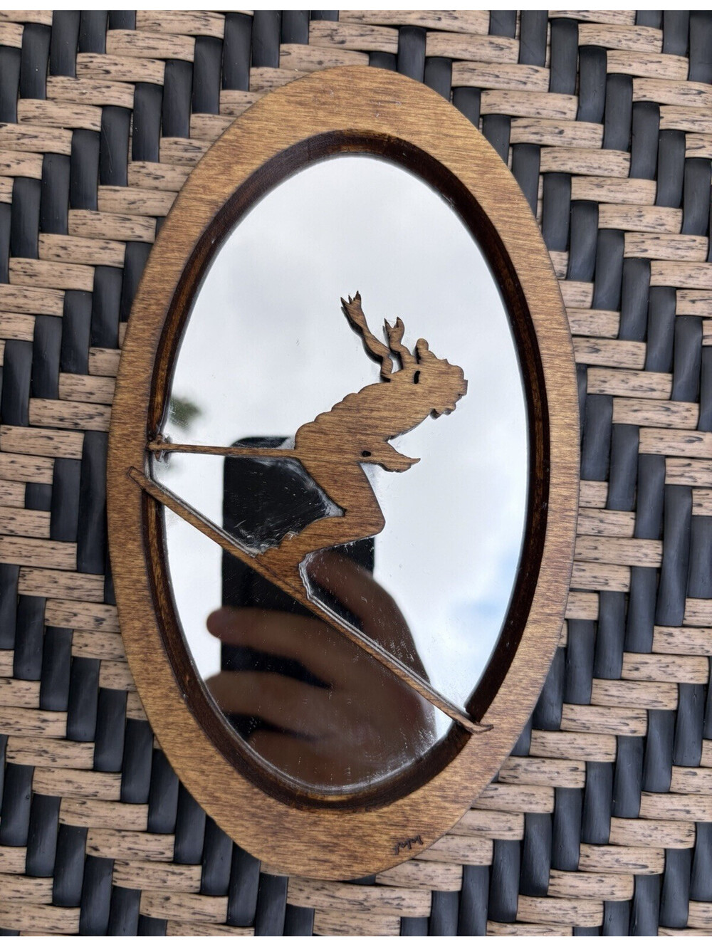 M & M Craftworks Oval Wood Wall Mirror w/ Deer Cutout, Vertical